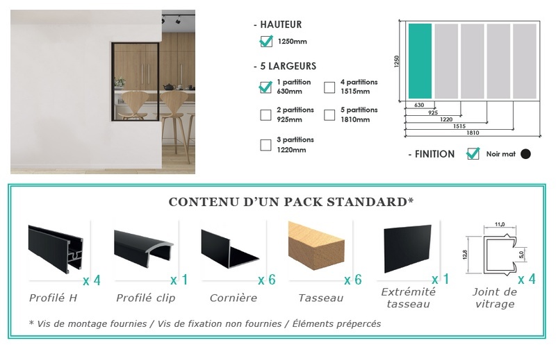 Pack standard pour verrière H 1250 x L 630 mm - 1 partition