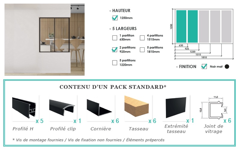 Pack standard pour verrière H 1250 x L 925 mm - 2 partitions