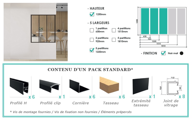 Pack standard pour verrière H 1250 x L 1220 mm - 3 partitions