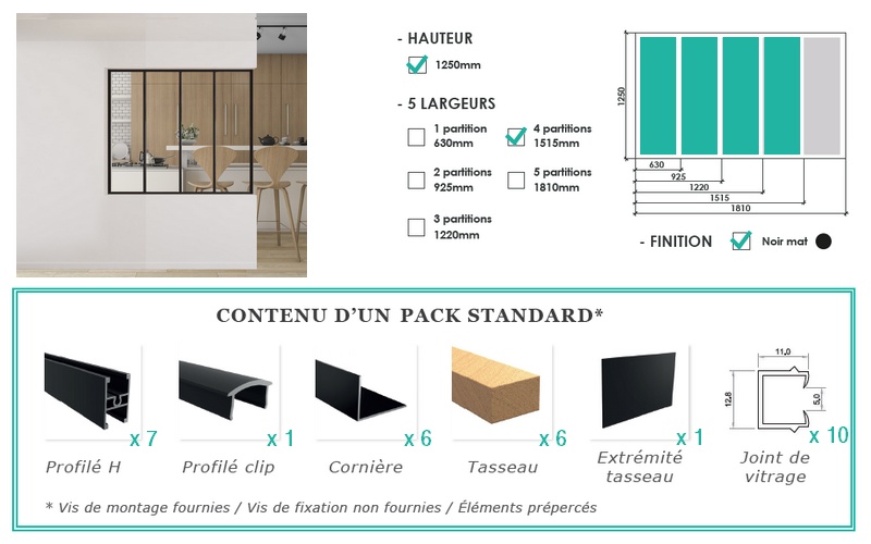 Pack standard pour verrière H 1250 x L 1515 mm - 4 partitions
