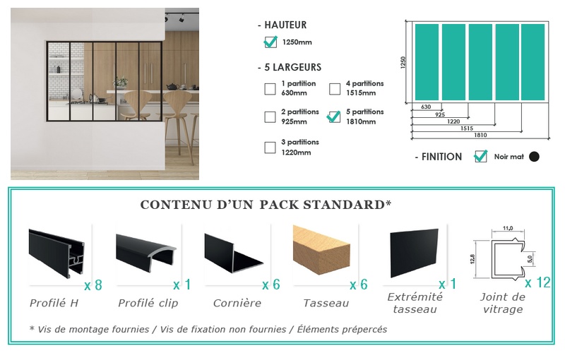 Pack standard pour verrière H 1250 x L 1810 mm - 5 partitions